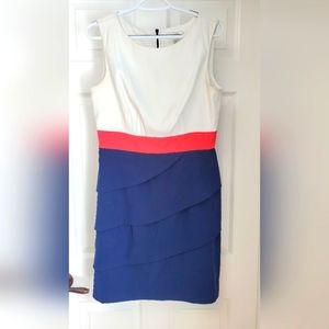 Dress Barn size 10 White, Blue & Coral cocktail dress